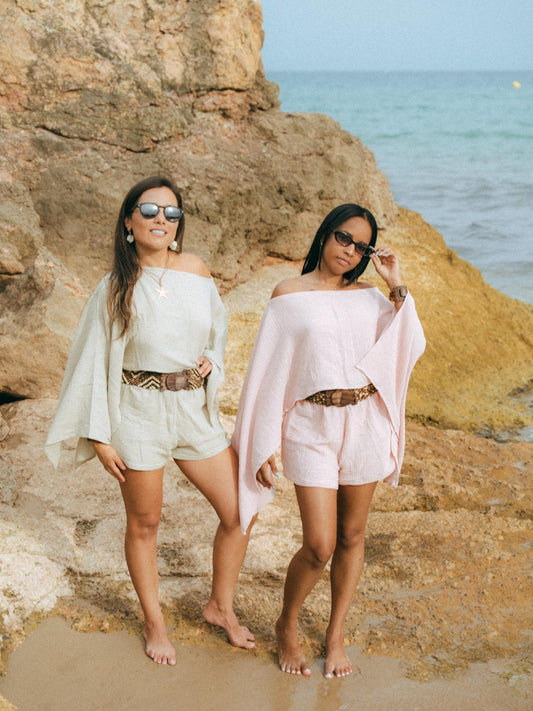 Linen One Shoulder Set White | Oversized Top Drawstring Shorts | Handmade Bali | Beach Resort