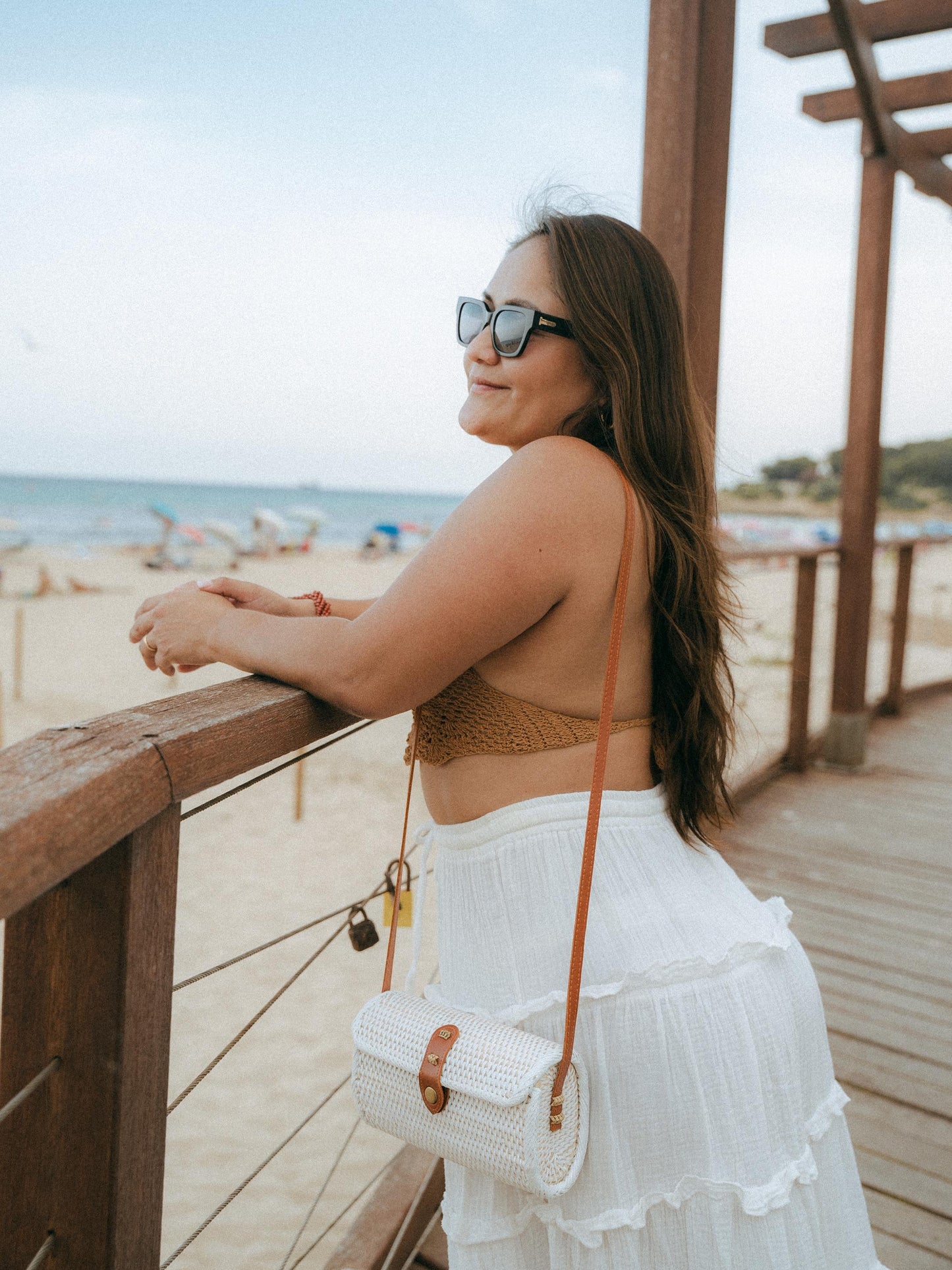Small Cream Rattan Crossbody Bag | Brown Leather Strap | Handmade Bali | Boho Summer Bag