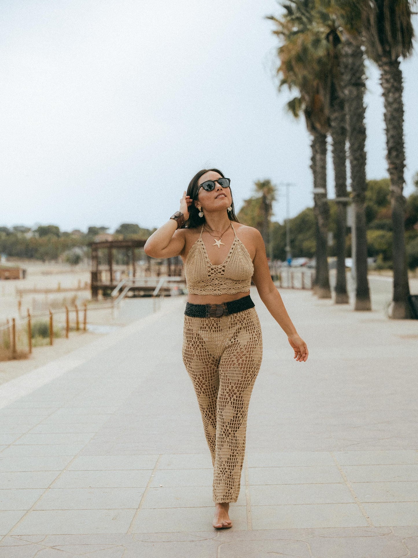 Crochet Pants Set Shell Pattern | Matching Crop Top | Handmade Bali | Natural Cotton Boho