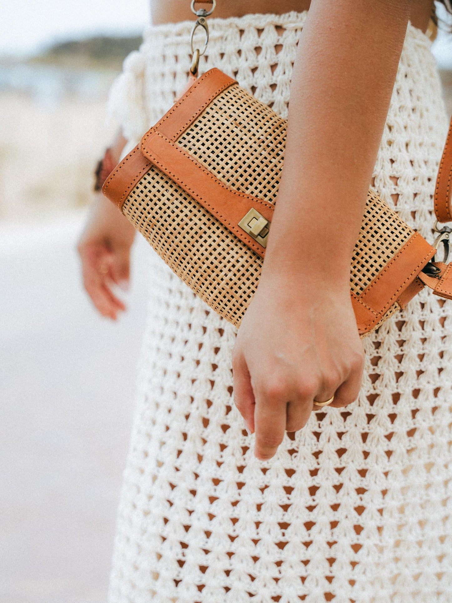 Woven Rattan Bag Leather Frame Gold Turn Lock | Handmade Bali | Caramel Boho Shoulder Bag