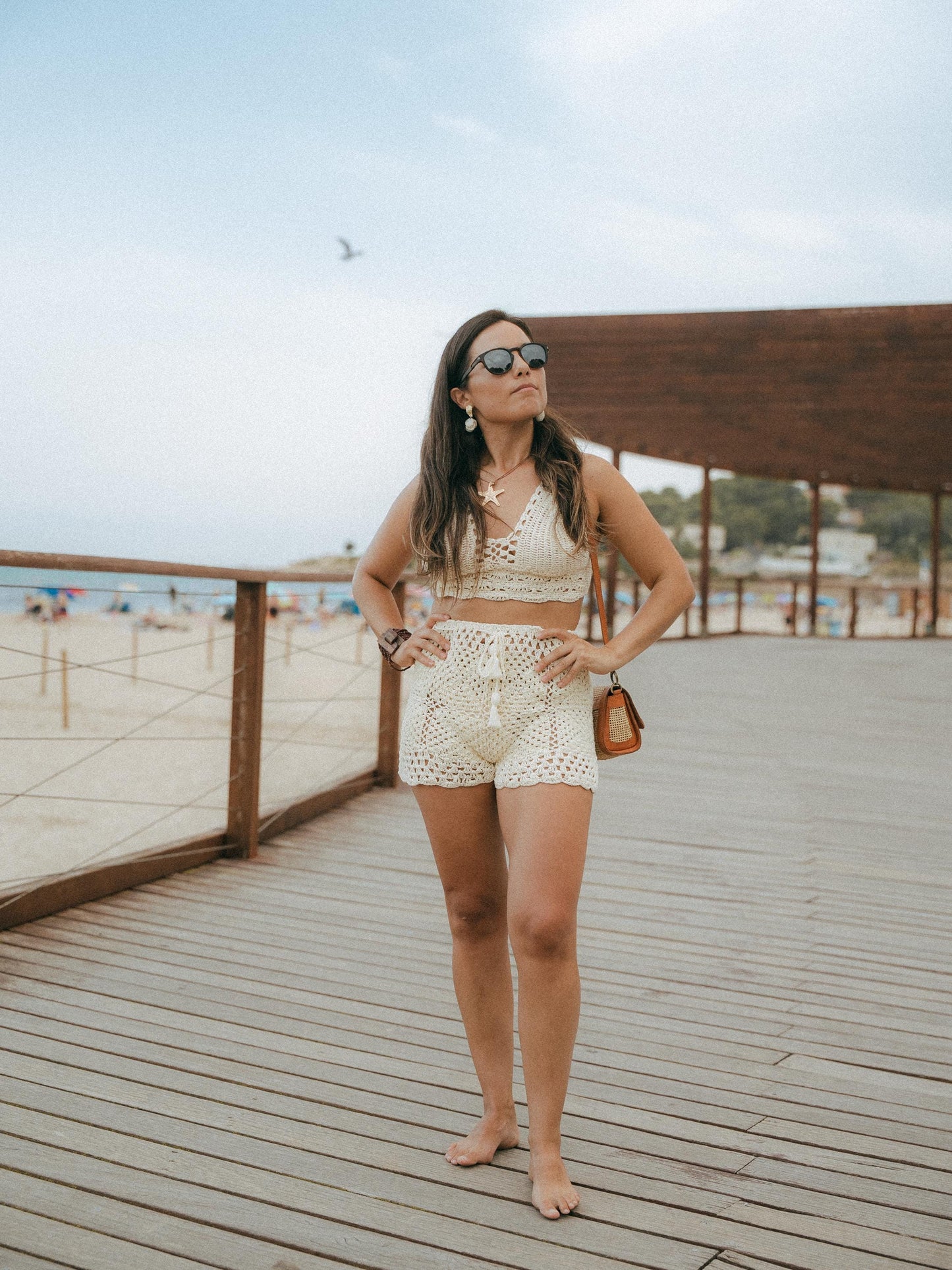 Crochet Set Crop Top Shorts | Handmade Bali | Two Piece Beach Set | Natural Cotton Summer