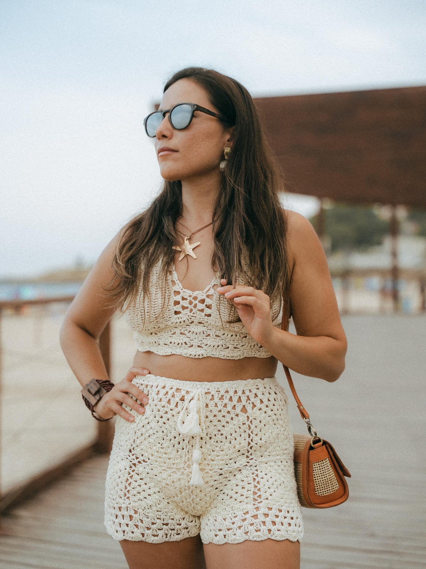 Crochet Set Crop Top Shorts | Handmade Bali | Two Piece Beach Set | Natural Cotton Summer