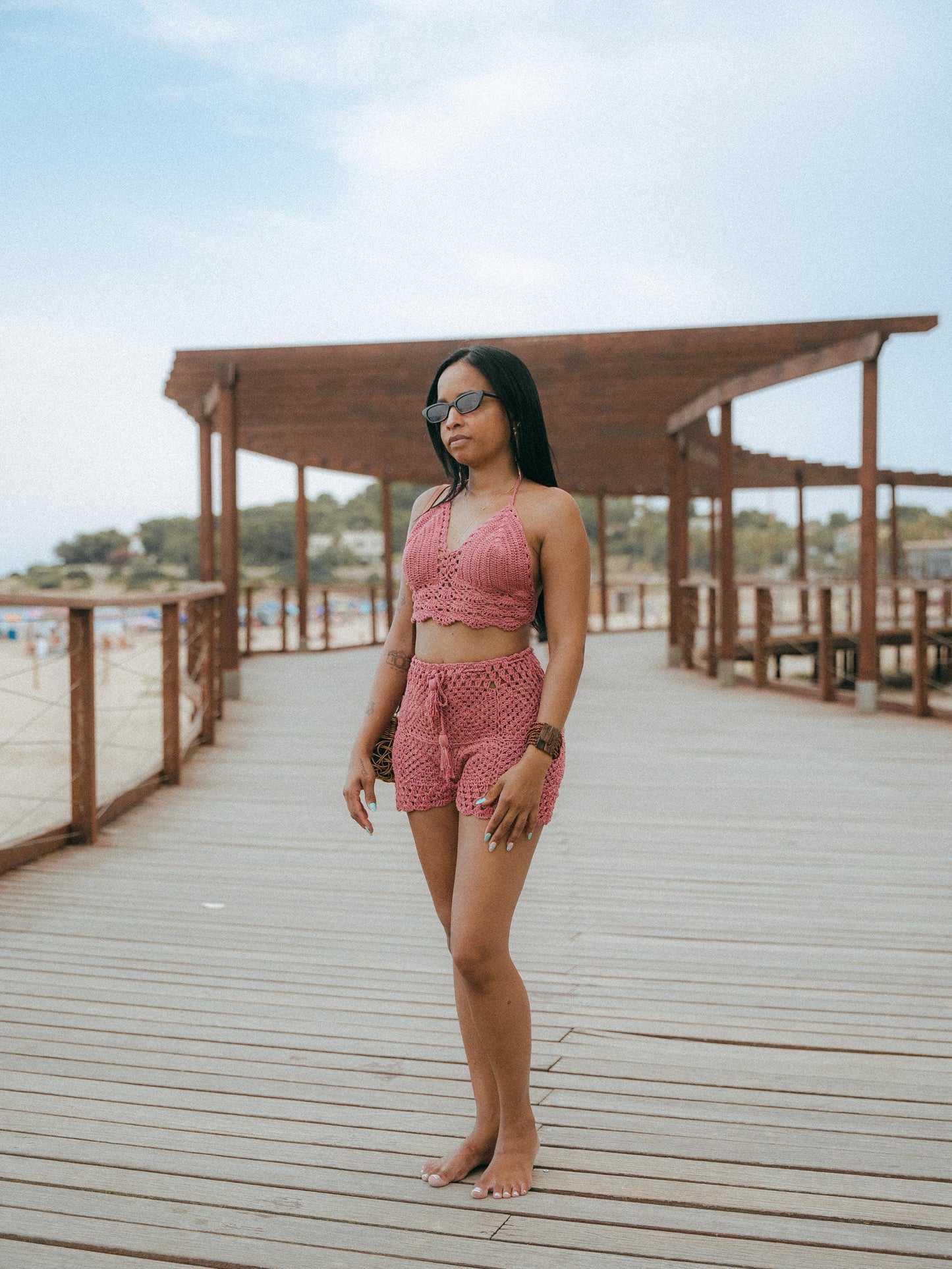 Crochet Set Crop Top Shorts | Handmade Bali | Two Piece Beach Set | Natural Cotton Summer