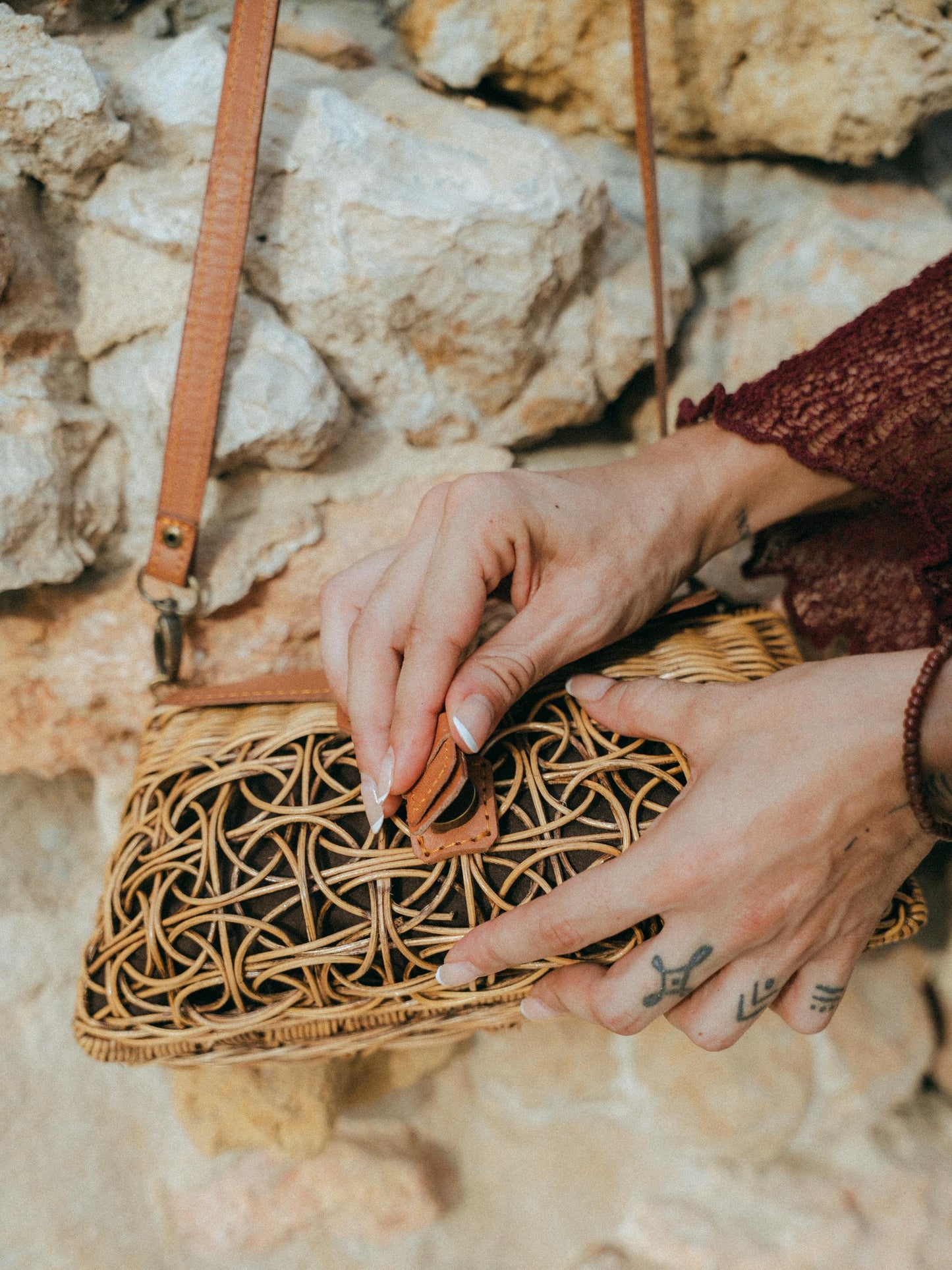 Woven Rattan Bag Leather Frame Gold Turn Lock | Handmade Bali | Caramel Boho Shoulder Bag