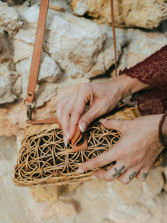 Woven Rattan Bag Leather Frame Gold Turn Lock | Handmade Bali | Caramel Boho Shoulder Bag