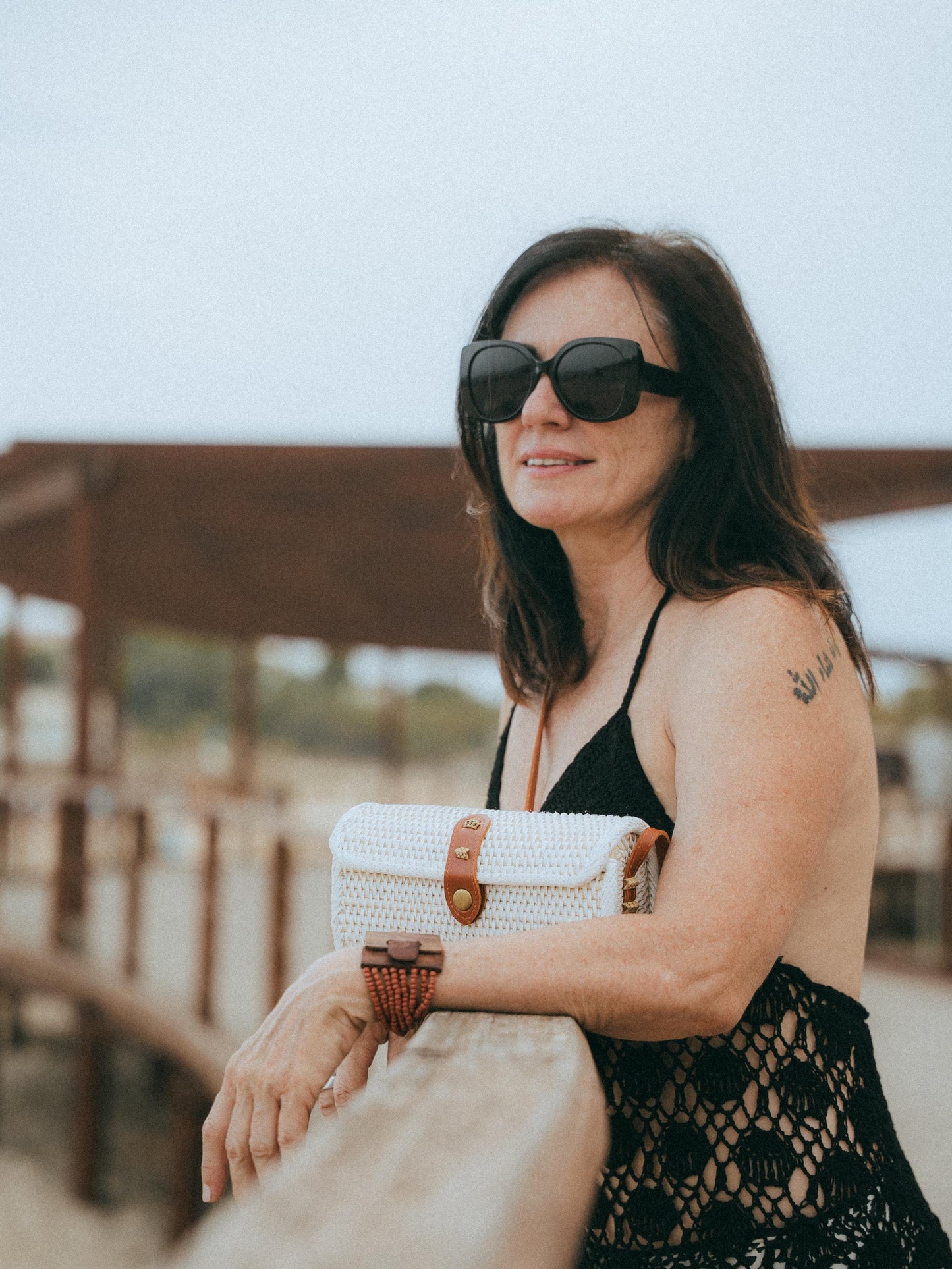 Small Cream Rattan Crossbody Bag | Brown Leather Strap | Handmade Bali | Boho Summer Bag