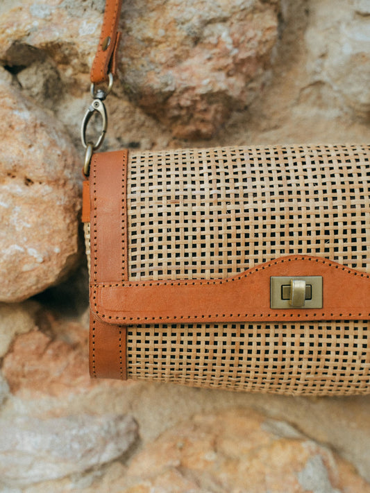 Woven Rattan Bag Leather Frame Gold Turn Lock | Handmade Bali | Caramel Boho Shoulder Bag