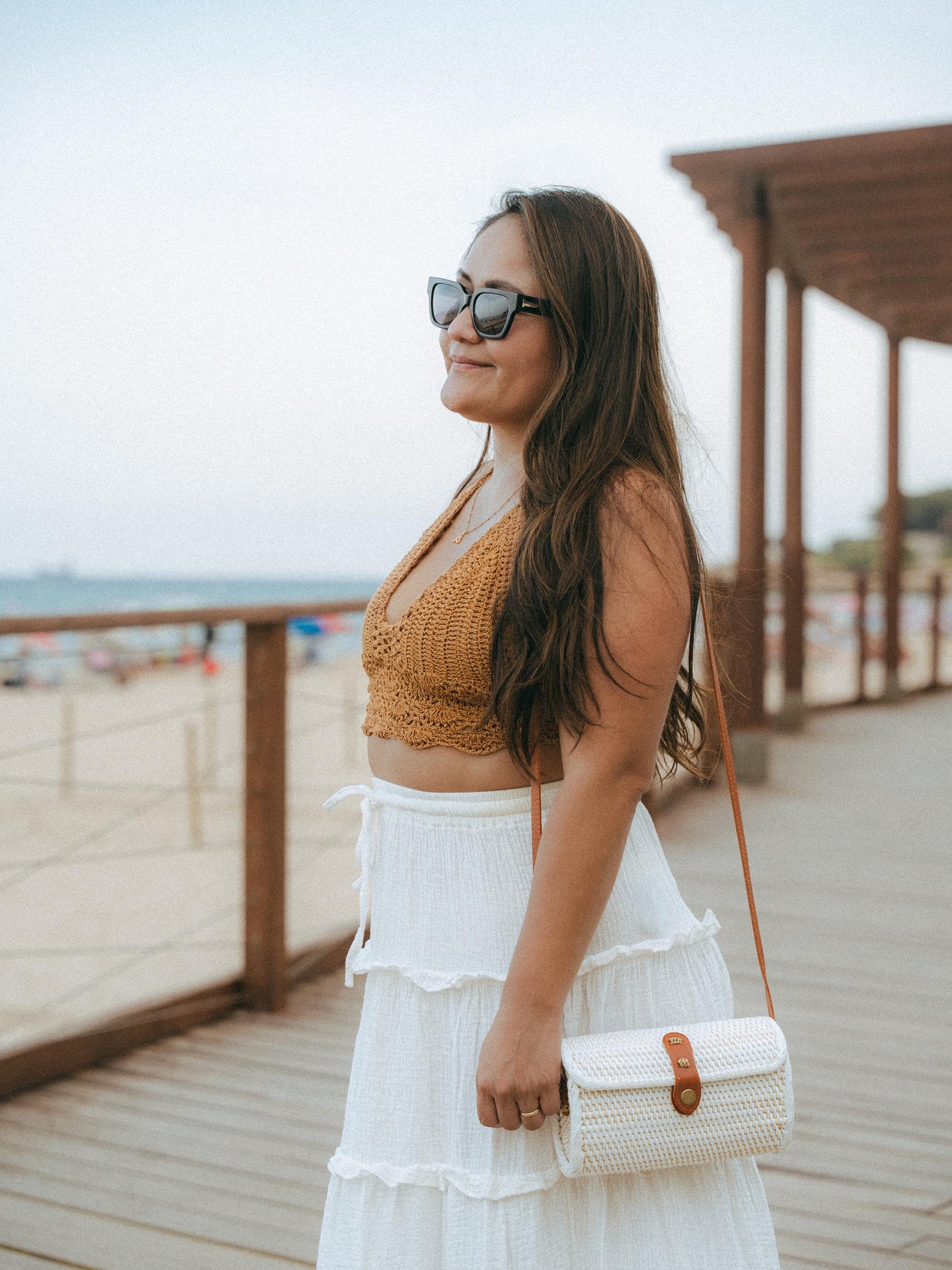 Small Cream Rattan Crossbody Bag | Brown Leather Strap | Handmade Bali | Boho Summer Bag