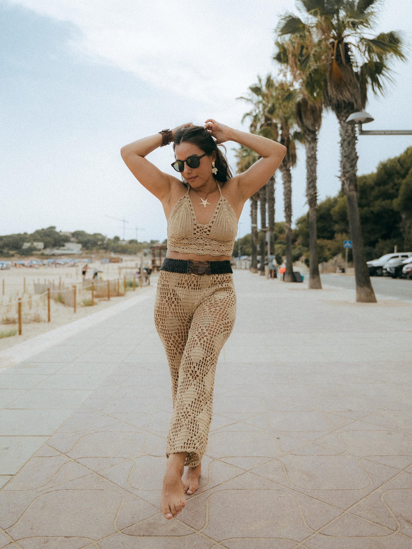 Crochet Pants Set Shell Pattern | Matching Crop Top | Handmade Bali | Natural Cotton Boho