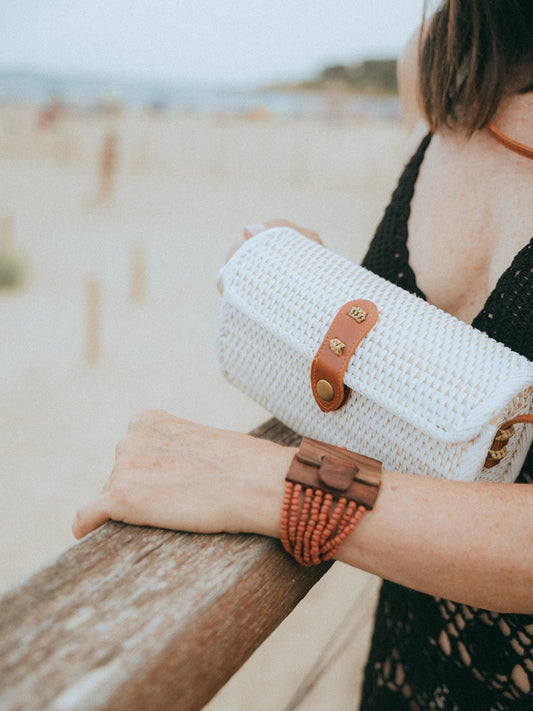 Small Cream Rattan Crossbody Bag | Brown Leather Strap | Handmade Bali | Boho Summer Bag