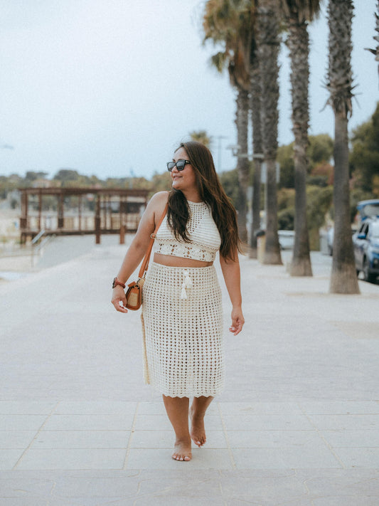 Crochet Two Piece Set Skirt Crop Top | Handmade Bali | Natural Cotton | Boho Beach Set