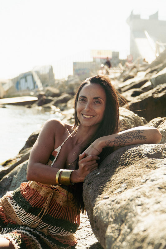 Vestido de ganchillo a rayas / Hecho a mano en Bali / Tejido de algodón natural / Vestido de playa estilo boho / Moda artesanal