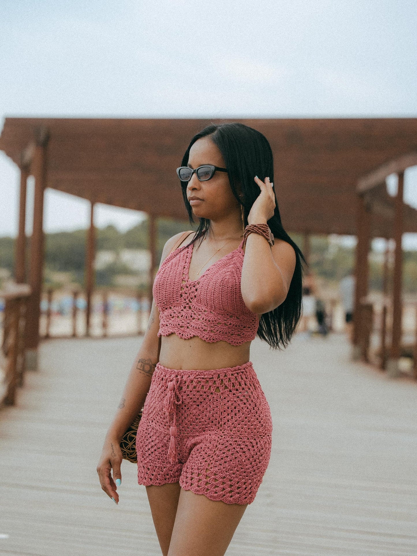 Crochet Set Crop Top Shorts | Handmade Bali | Two Piece Beach Set | Natural Cotton Summer