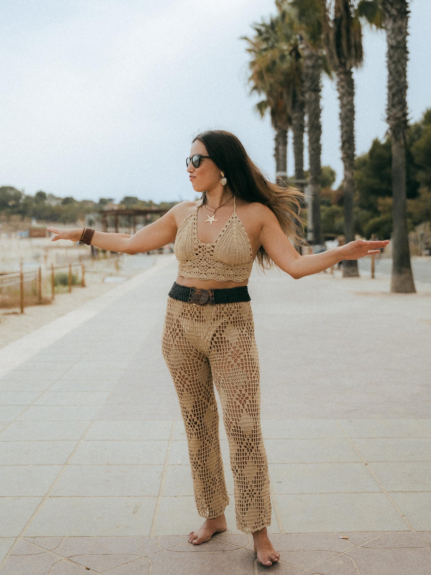 Crochet Pants Set Shell Pattern | Matching Crop Top | Handmade Bali | Natural Cotton Boho