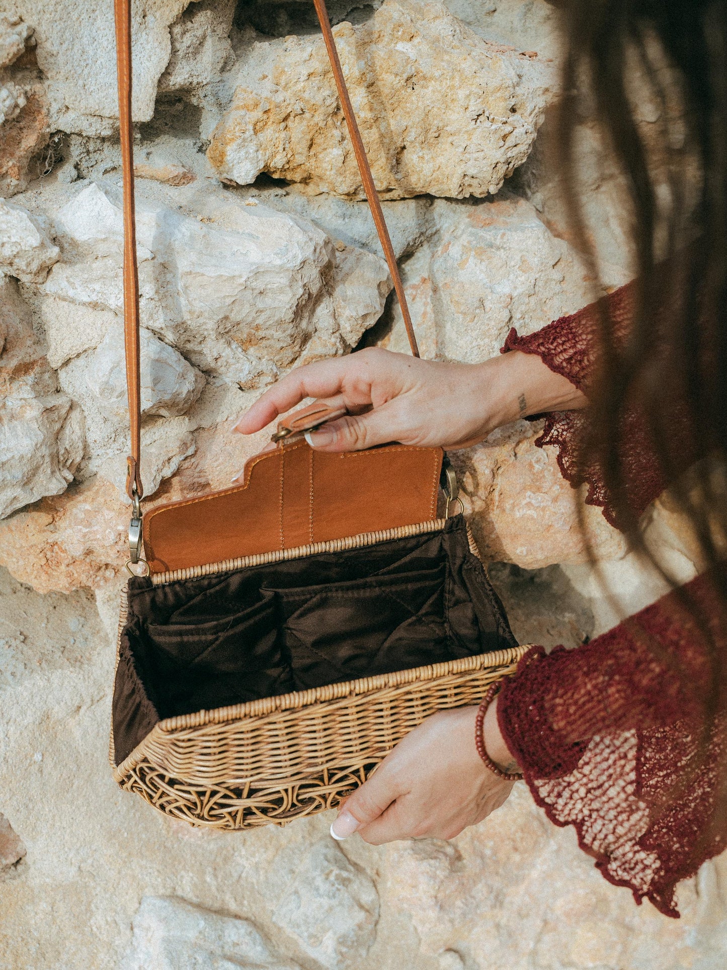 Woven Rattan Bag Leather Frame Gold Turn Lock | Handmade Bali | Caramel Boho Shoulder Bag