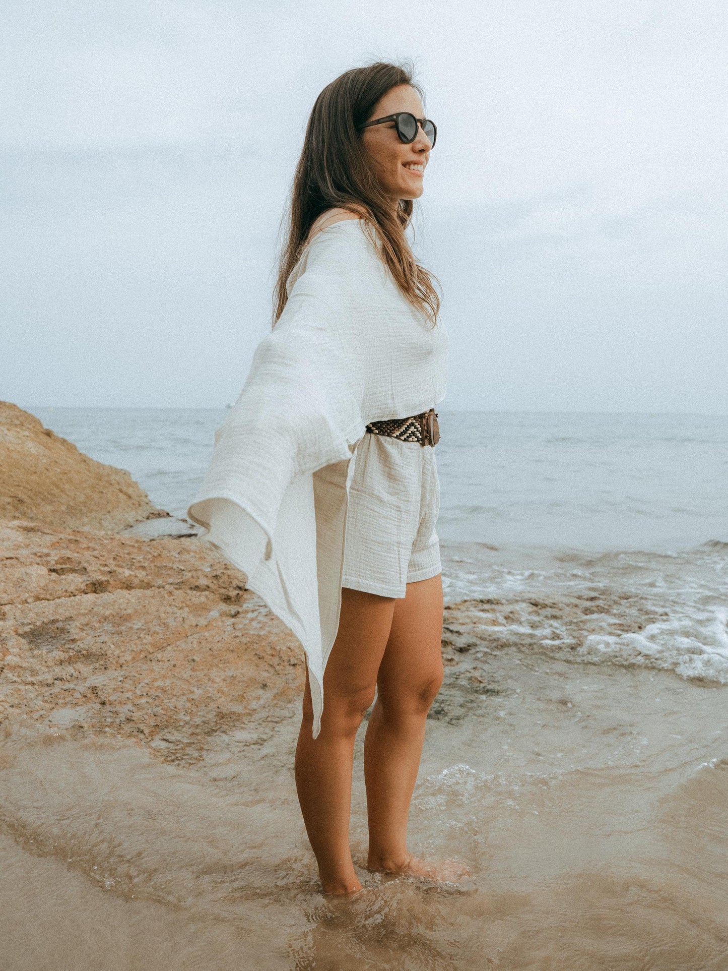 Linen One Shoulder Set White | Oversized Top Drawstring Shorts | Handmade Bali | Beach Resort