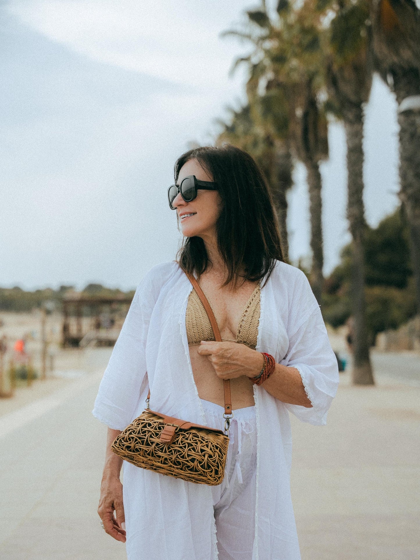Woven Rattan Bag Leather Frame Gold Turn Lock | Handmade Bali | Caramel Boho Shoulder Bag