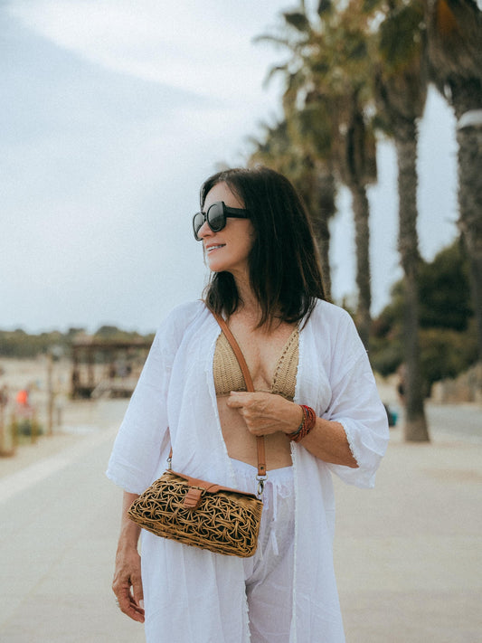Woven Rattan Bag Leather Frame Gold Turn Lock | Handmade Bali | Caramel Boho Shoulder Bag