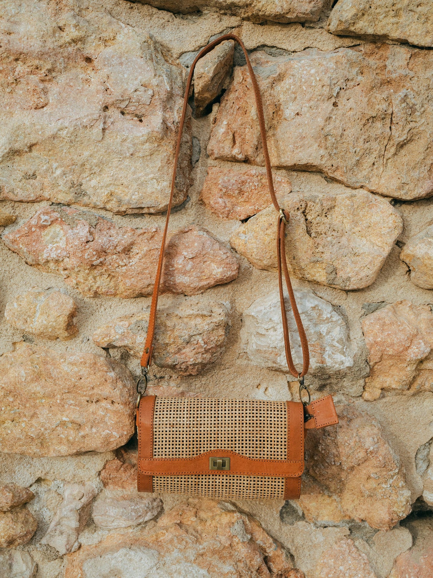 Woven Rattan Bag Leather Frame Gold Turn Lock | Handmade Bali | Caramel Boho Shoulder Bag