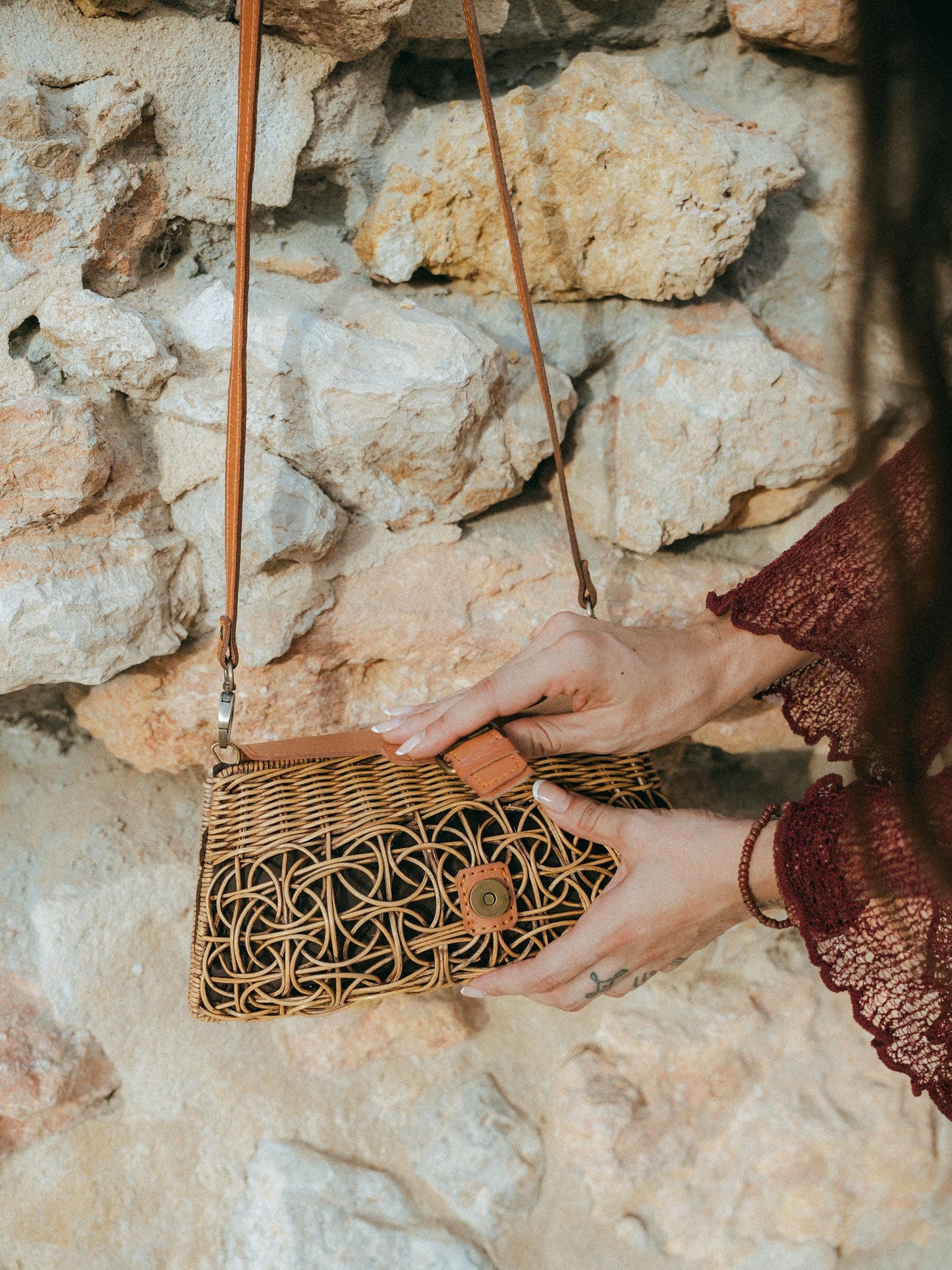 Woven Rattan Bag Leather Frame Gold Turn Lock | Handmade Bali | Caramel Boho Shoulder Bag