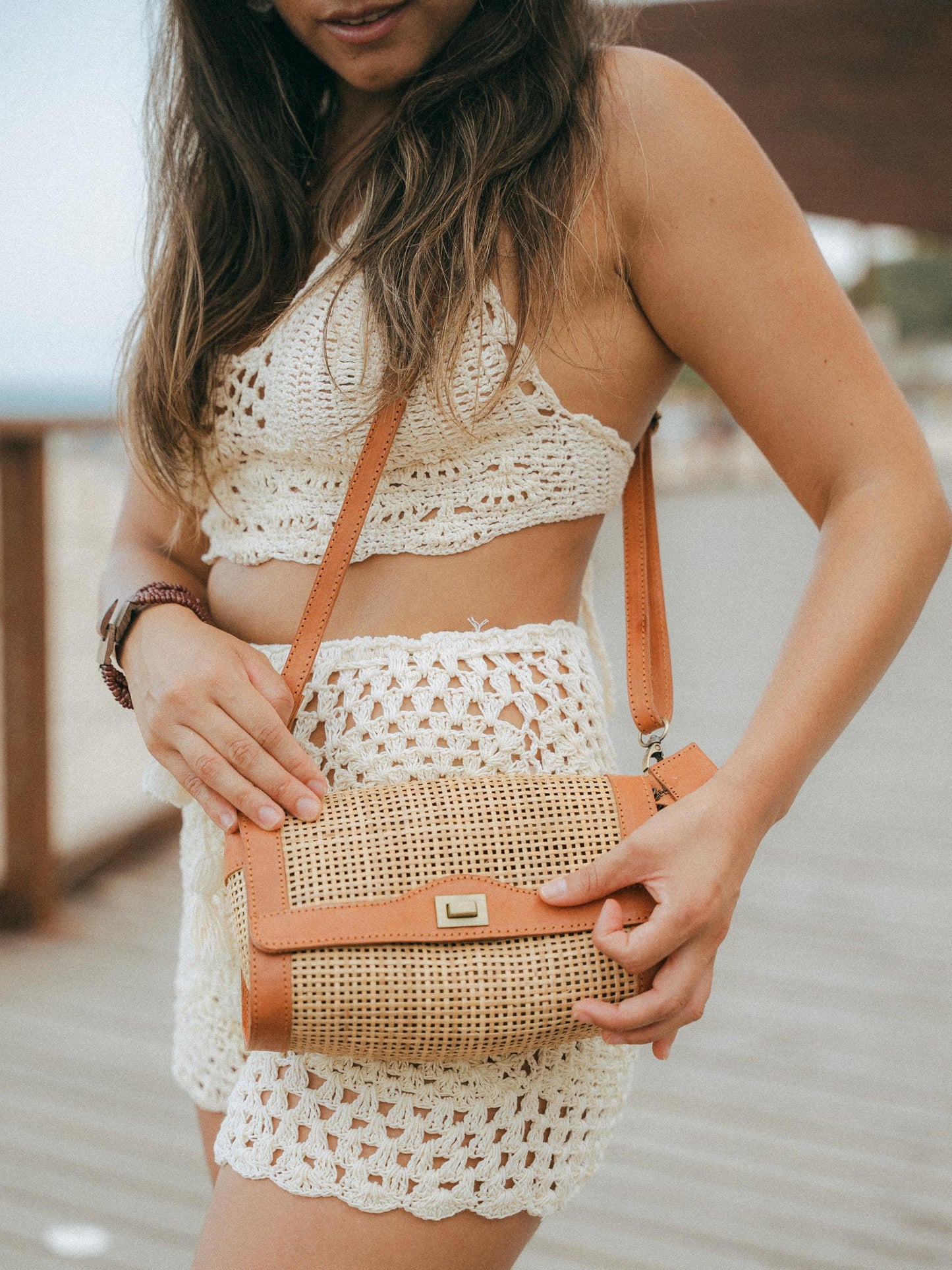 Woven Rattan Bag Leather Frame Gold Turn Lock | Handmade Bali | Caramel Boho Shoulder Bag